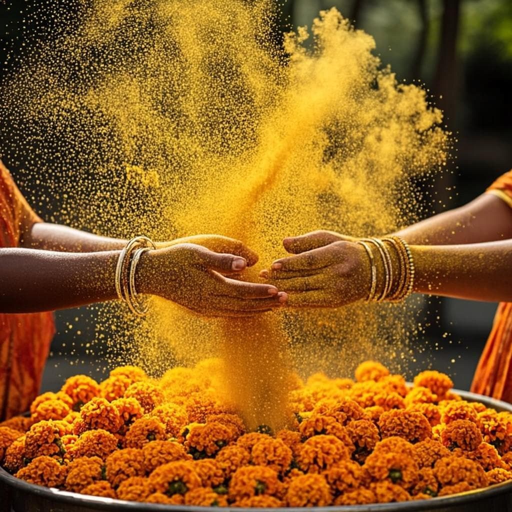 Golden turmeric being sprinkled during the haldi ceremony