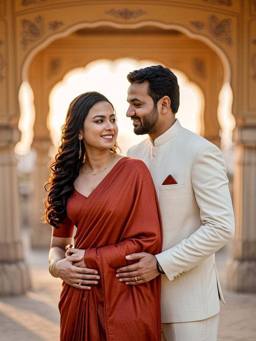 Aarav and Ananya laughing together at golden hour in Udaipur, editorial wedding portrait
