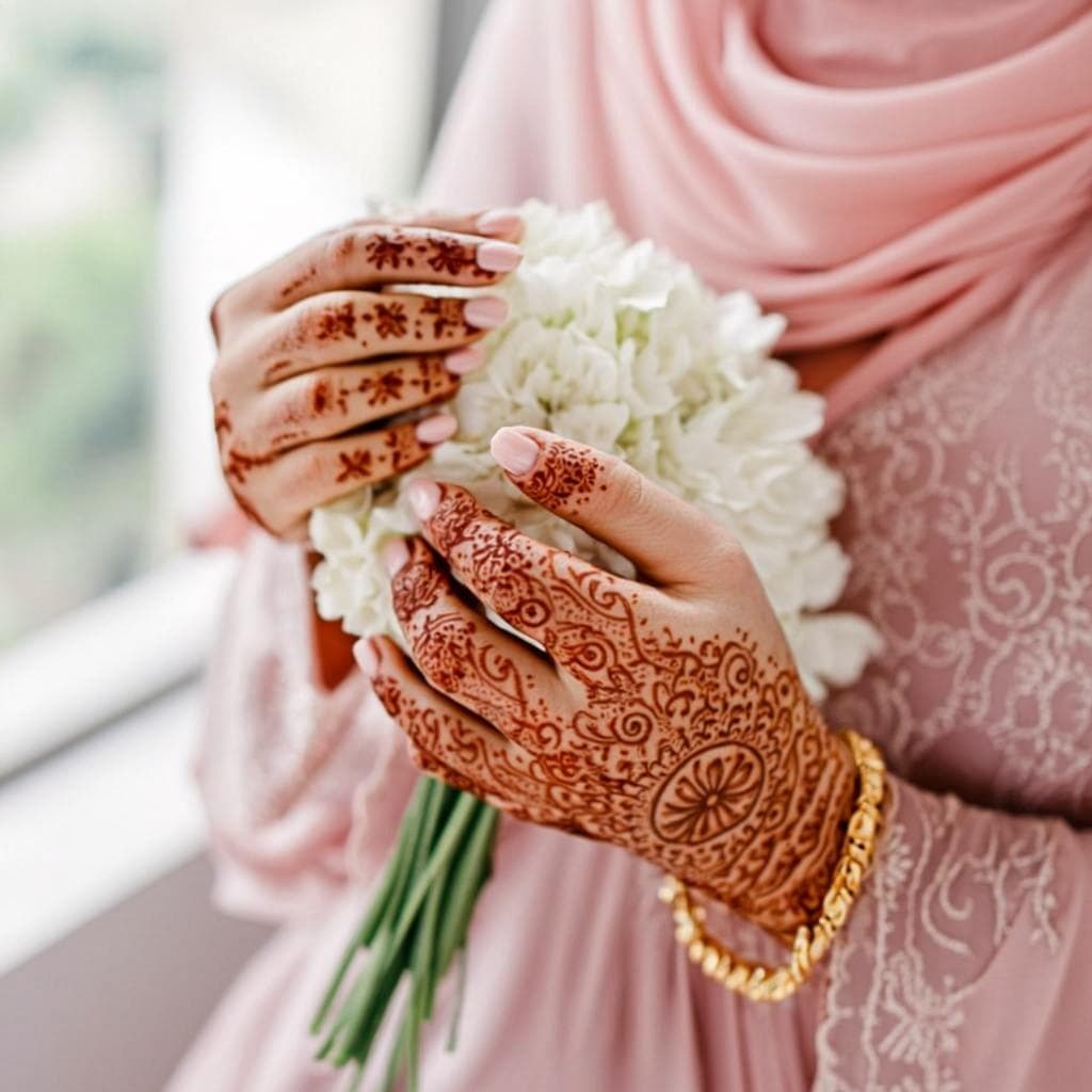 Bride's hands with intricate mehendi henna patterns holding white flowers