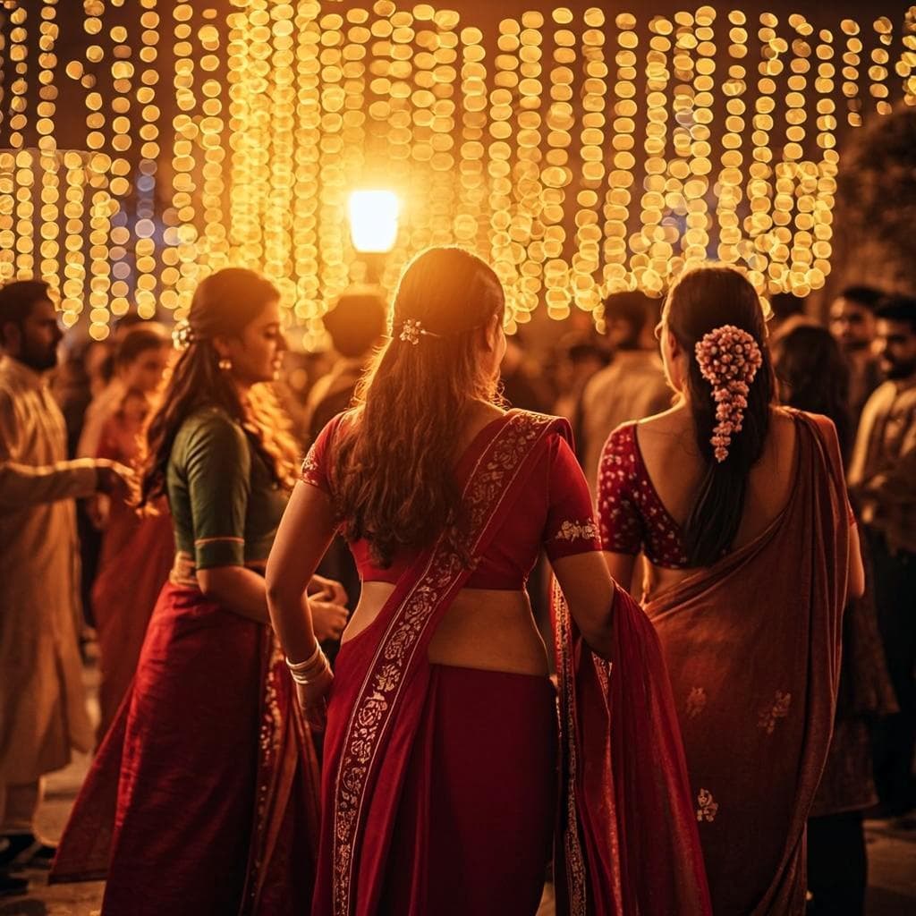 Guests dancing under warm fairy lights at the sangeet