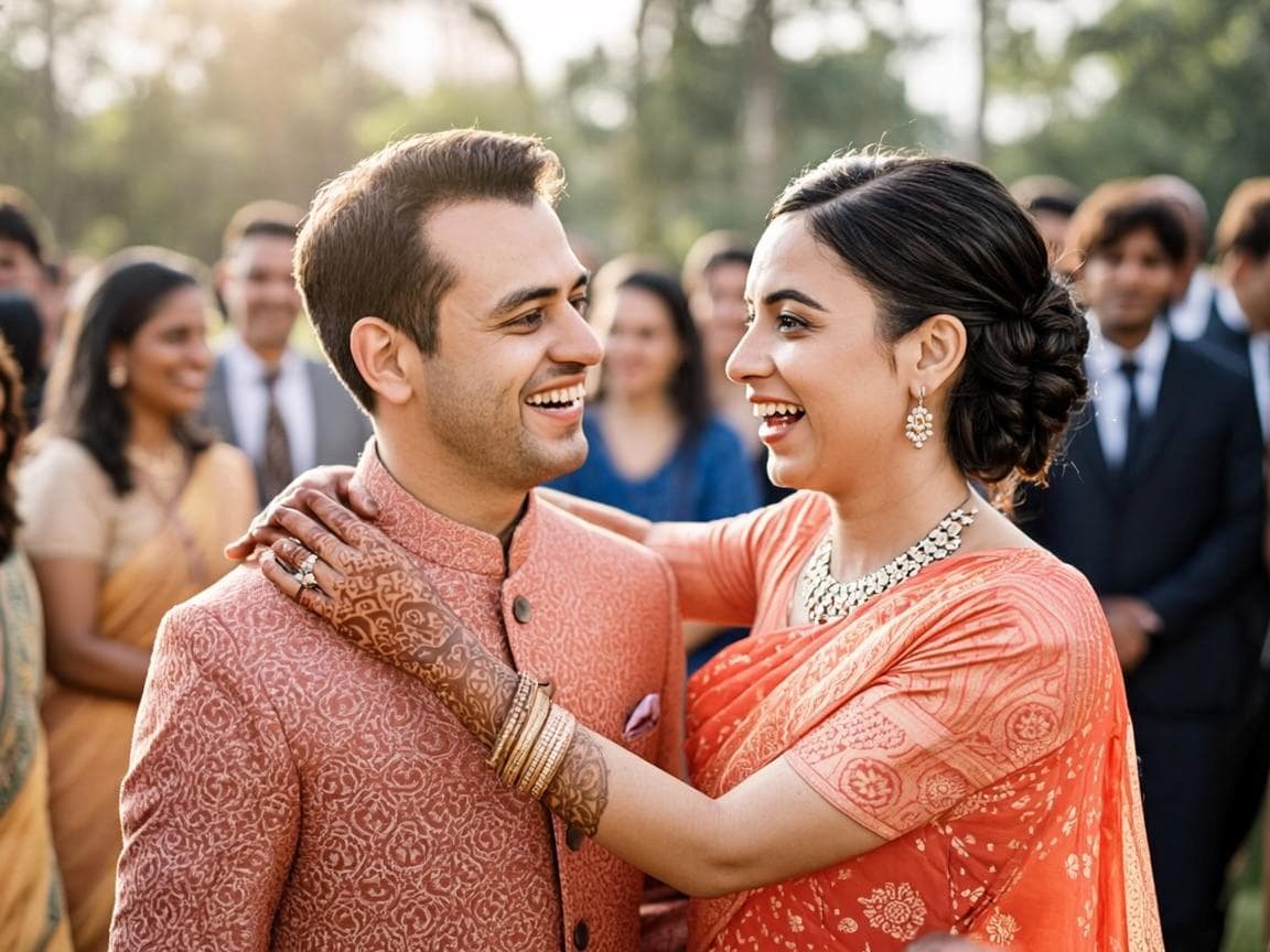 Aarav and Ananya sharing a candid laugh during the wedding festivities