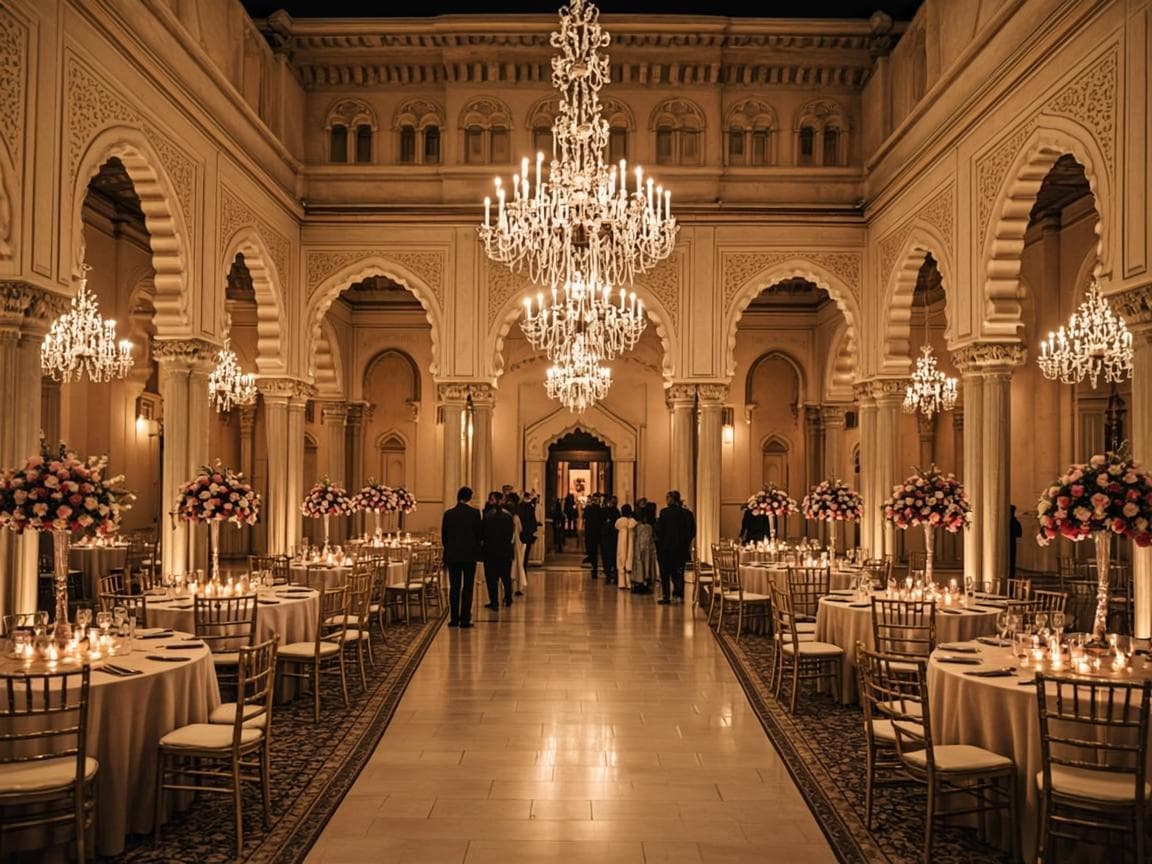 Chandelier-lit royal palace ballroom prepared for an evening celebration