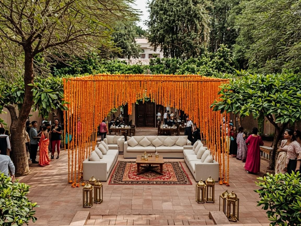 Garden courtyard decorated with a marigold garland canopy for a daytime celebration