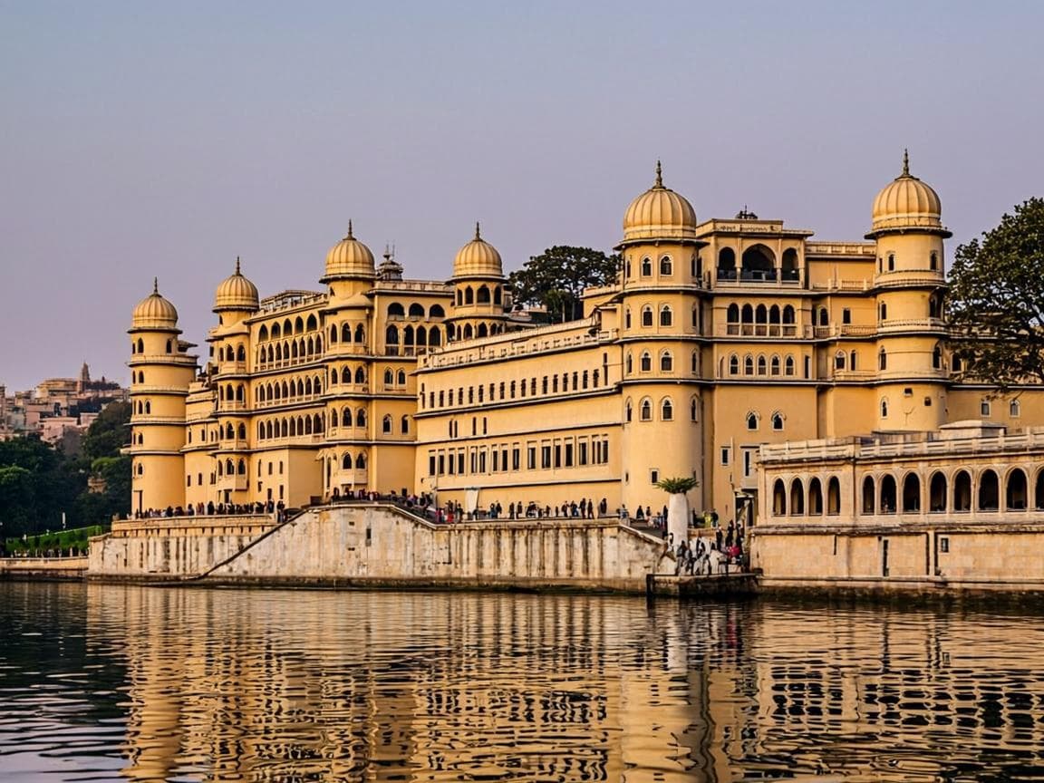 Grand Udaipur palace facade glowing at golden hour on the lake